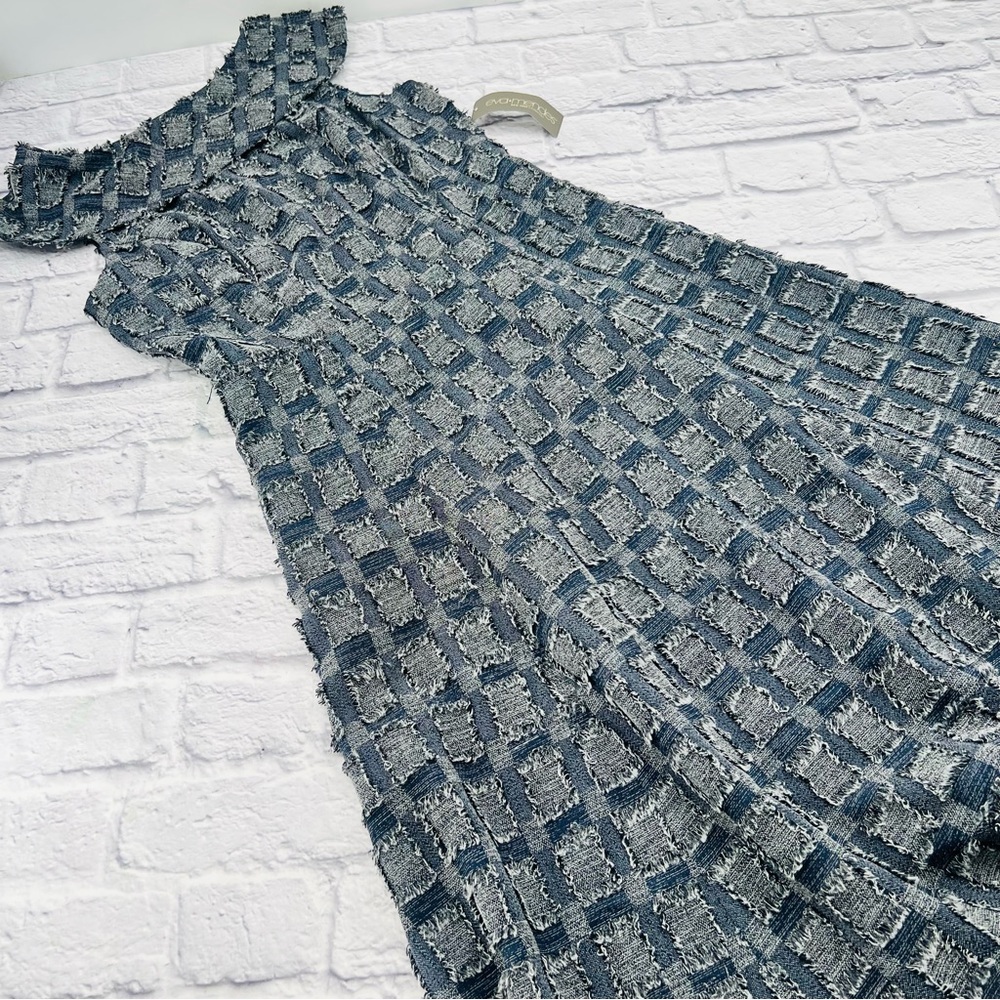 Eva Mendes NY&Co‎ Blue and Gray Patchwork Fit Flare Dress 4 Tall Sleeveless